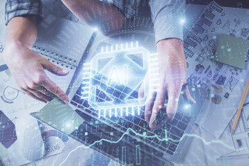 Double exposure of man and woman working together and data theme hologram drawing. Computer background. Top View.