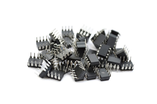 Group of electronic microchip isolated on a white background. Electronic components close-up, selective focus