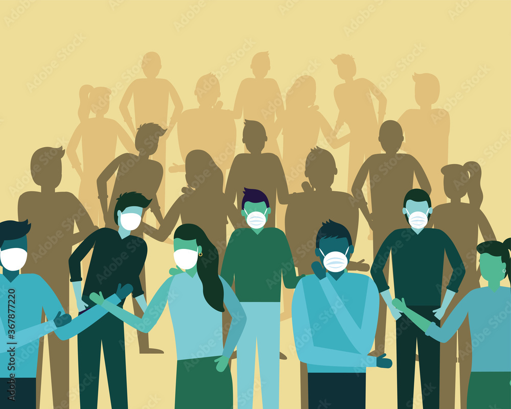 Poster group of people wearing medical masks characters