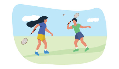 Guy and girl playing badminton in nature, athletes training outdoors, resting on a weekend, vector illustration in flat style
