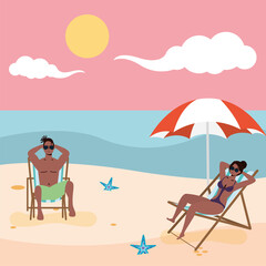 afro couple seated in beach chairs practicing social distance