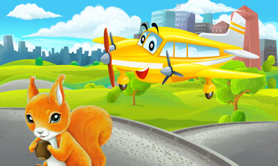 cartoon scene with sketch in park outside the city illustration