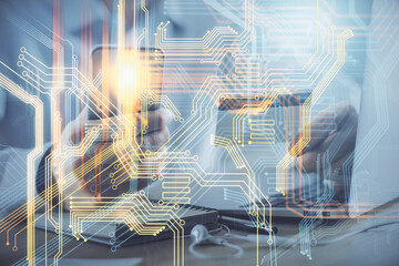 Double exposure of man hands holding a credit card and world map drawing. International Internet E-commerce and technology concept.