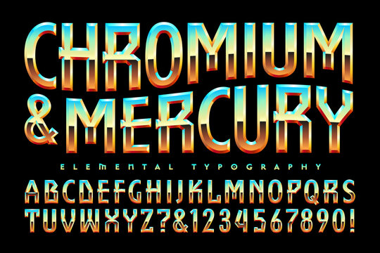 Vector Font Alphabet; Chromium and Mercury is a Beveled Reflective Lettering Style with Echoes of 1980s Airbrush Lettering and Geometric Characters.