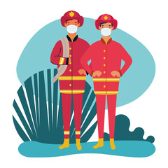 fire fighters wearing medical mask characters