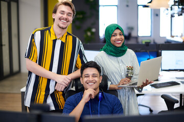 Multiethnic startup business team with Arabian woman