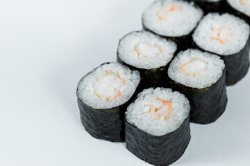 Japanese food. Shrimp rolls, fresh rice with fresh shrimp in nori.