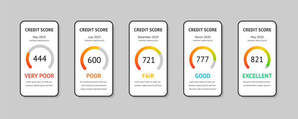 Set smartphones with credit score app on the screen. Financial information about the client vector illustration isolated on white background.