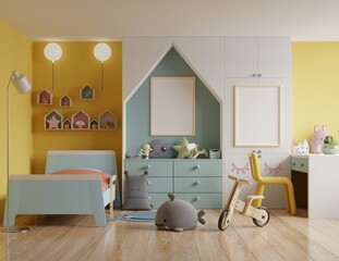 Children's bedroom with a roof house and yellow walls/mockup poster frame in children room.