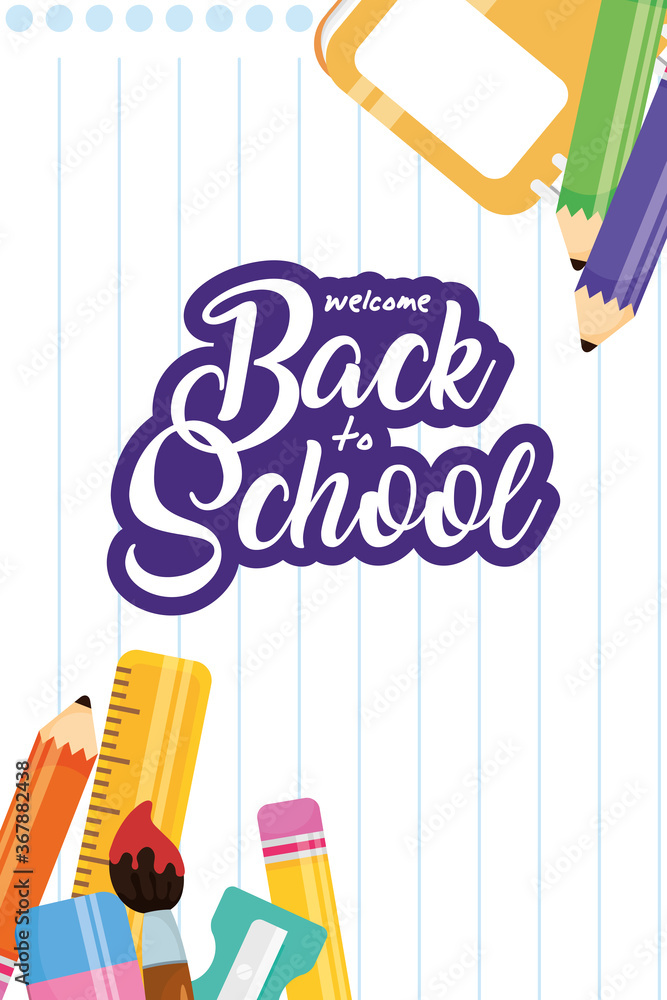 Wall mural back to school poster with set supplies