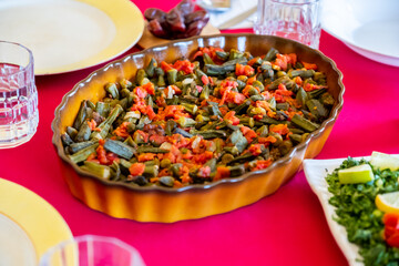 Ramadan iftar food on table ready to be served and eaten