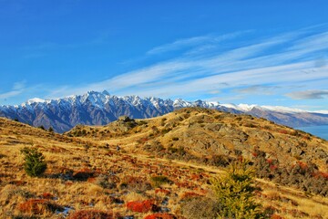 View of the Remarkables mountains in winter from the Queenstown Hill, New Zealand