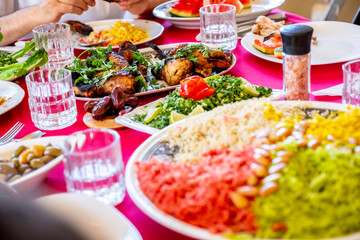Ramadan iftar food on table ready to be served and eaten