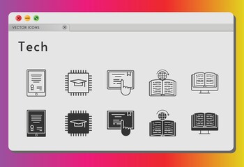 tech icon set. included tablet, chip, ebook, touchscreen, learning icons on white background. linear, filled styles.