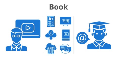 book set. included cloud, ereader, teacher, ebook, homework, student (1), information, student-desktop icons. filled styles.