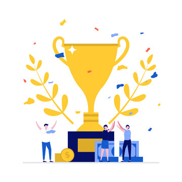 You win vector illustration concept with big trophy and characters. Modern flat style for landing page, mobile app, poster, flyer, template, web banner, infographics, hero images