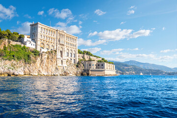 View from the sea of the Monaco Aquarium Oceanographic Museum of marine sciences in Monaco-Ville,...