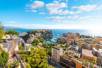 View of the Mediterranean Sea, the marina, port, cities of Monte Carlo and Fontvieille, and the...