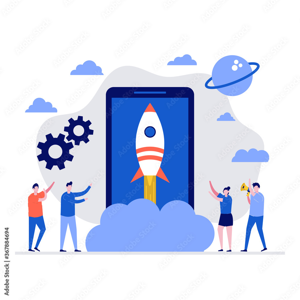 Aufkleber startup vector illustration concept with characters and rocket launch. modern flat style for landing