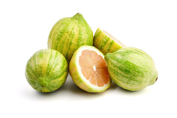 Pink lemons isolated on white background. Citrus fruit with striped rind. Lemon cut in half with pink flesh