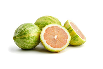 Variegated Eureka lemons isolated on white background. Citrus fruit with striped rind. Lemon cut in...
