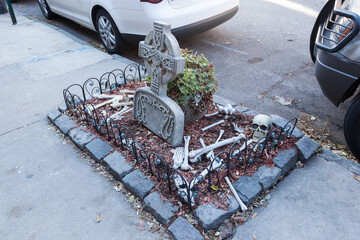 HOBOKEN, NEW JERSEY - October 27, 2017: The beautiful brownstones along Garden Street are decorated...