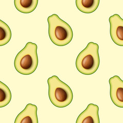 Seamless pattern of realistic green avocado for healthy eating. 3d render. Sliced avocado in half with pip. Vector illustration isolated on white background.