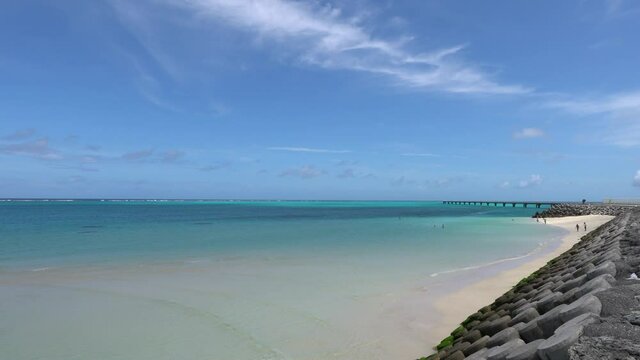 Okinawa,Japan-July 21, 2020: Beautiful seashore near Miyako Shimojishima airport at low tide

