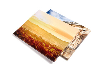 Canvas prints isolated on white background. Two stretched canvases with gallery wrap