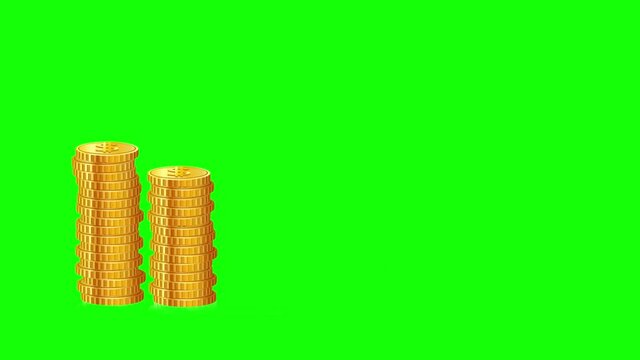 Down fall of Stocks displayed using coins and arrow representation on green screen background
