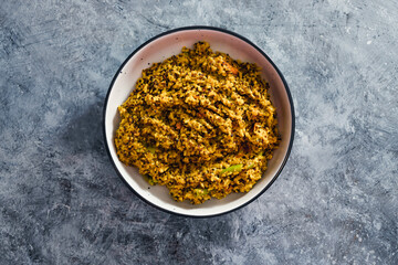plant-based food, vegan turmeric quinoa and rice with mixed vegetables