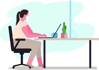 Woman working at desk office with face mask and acrylic desktop shield - social distancing