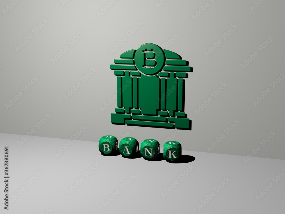 Poster 3d graphical image of bank vertically along with text built by metallic cubic letters from the top p