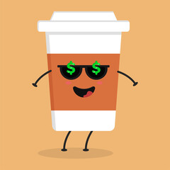 Cute flat cartoon coffee illustration. Vector illustration of cute coffee with a smiling expression.	