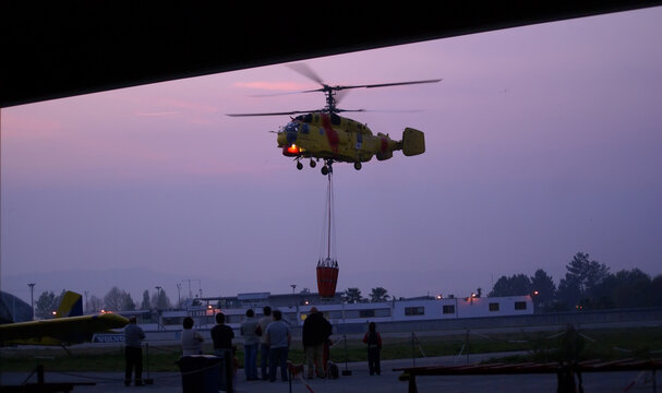 Braga, Norte Region, Portugal. April 21, 2009. A Russian-made Kamov-32 helicopter from the Portuguese Government takes off from the Braga Aerodrome for firefighting in the region.