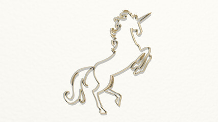 UNICORN ON TWO FEET made by 3D illustration of a shiny metallic sculpture on a wall with light background. cute and cartoon