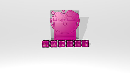 3D representation of bucket with icon on the wall and text arranged by metallic cubic letters on a mirror floor for concept meaning and slideshow presentation. illustration and background