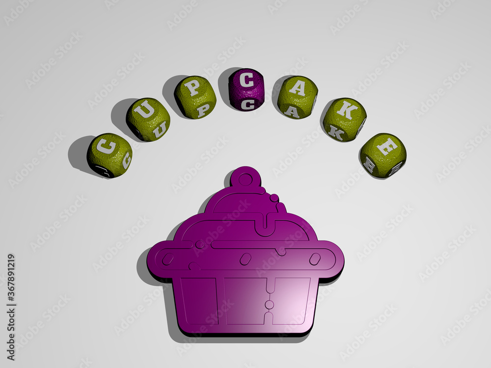 Poster 3d illustration of cupcake graphics and text around the icon made by metallic dice letters for the r