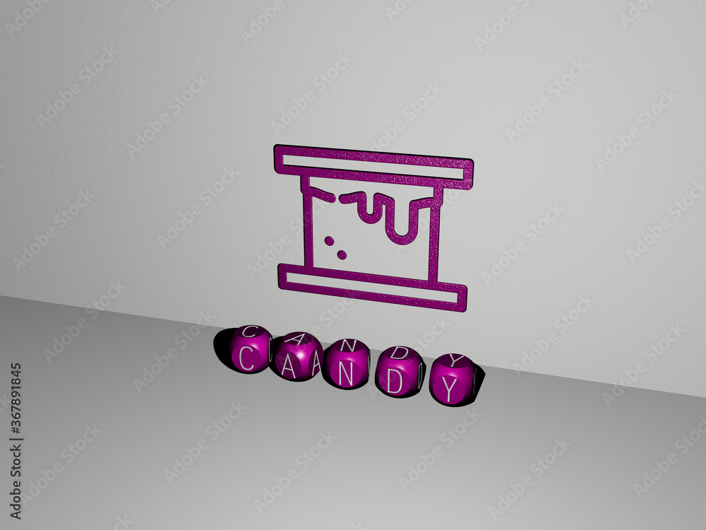Aufkleber 3d representation of candy with icon on the wall and text arranged by metallic cubic letters on a mi