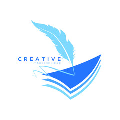 feather pen logo blue above 3 stacked triangle layer vector design template