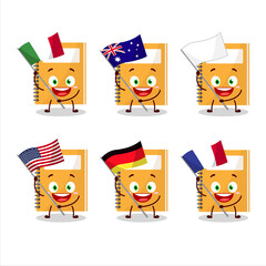 Orange study book cartoon character bring the flags of various countries