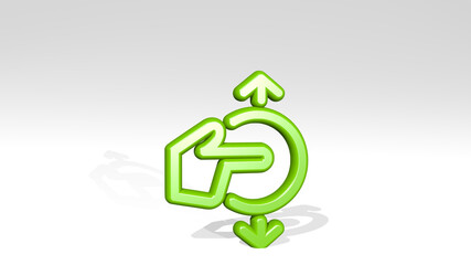 gesture tap vertical expand stand with shadow. 3D illustration of metallic sculpture over a white background with mild texture. hand and business