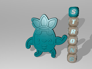 3D illustration of STRONG graphics and text around the icon made by metallic dice letters for the related meanings of the concept and presentations. background and woman