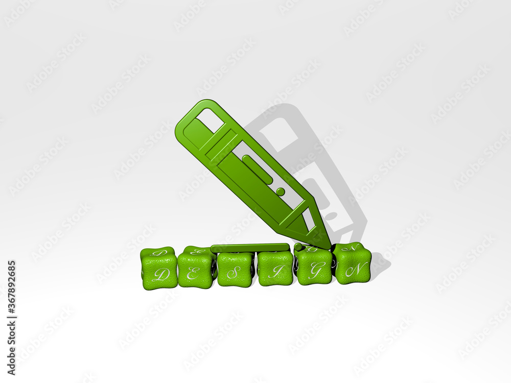 Poster 3d representation of design with icon on the wall and text arranged by metallic cubic letters on a m