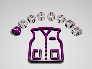 3D graphical image of CLOTHING vertically along with text built around the icon by metallic cubic letters from the top perspective, excellent for the concept presentation and slideshows. background