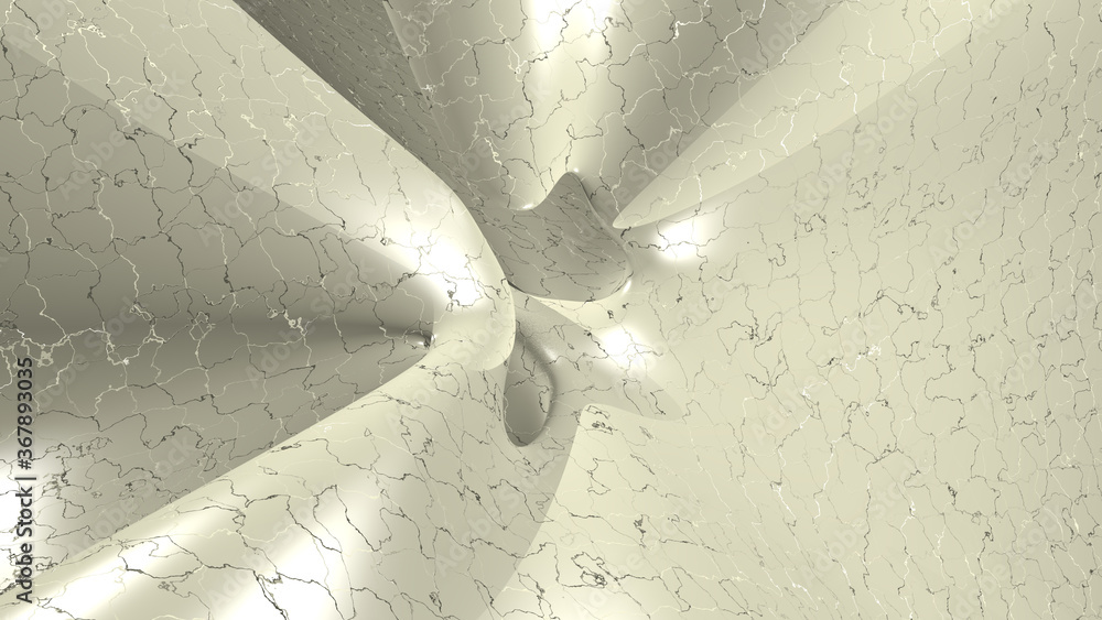 Poster 3D illustration of a geometrical shape of pale golden rod color on a white abstract background as a curved and glossy surface with direct light reflection. blue and pattern