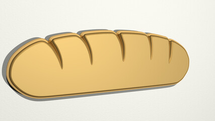 BREAD made by 3D illustration of a shiny metallic sculpture on a wall with light background. food and breakfast