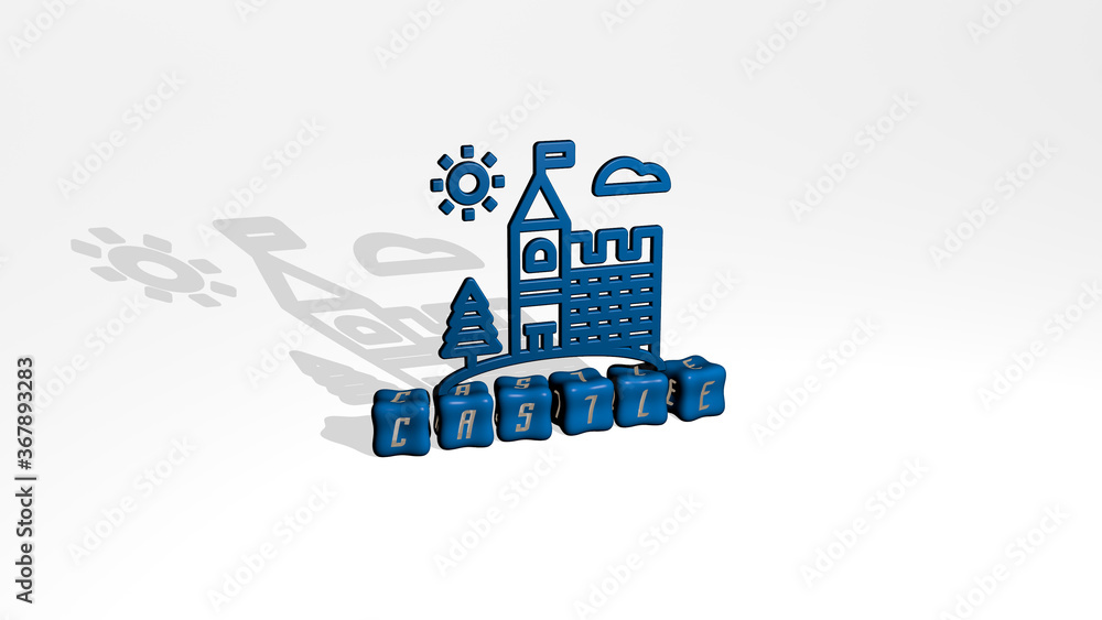 Poster 3d graphical image of castle vertically along with text built by metallic cubic letters from the top