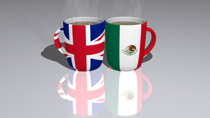 UNITED-KINGDOM MEXICO placed on a cup of hot coffee mirrored on the floor in a 3D illustration with realistic perspective and shadows