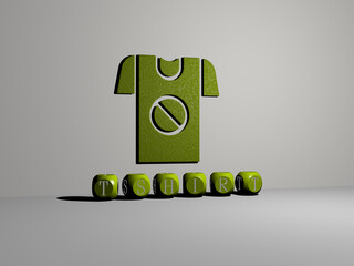 3D graphical image of TSHIRT vertically along with text built by metallic cubic letters from the top perspective, excellent for the concept presentation and slideshows. illustration and design